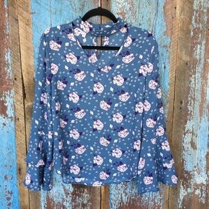 Bongo Blue Floral Bell Sleeve Choker Top Size L